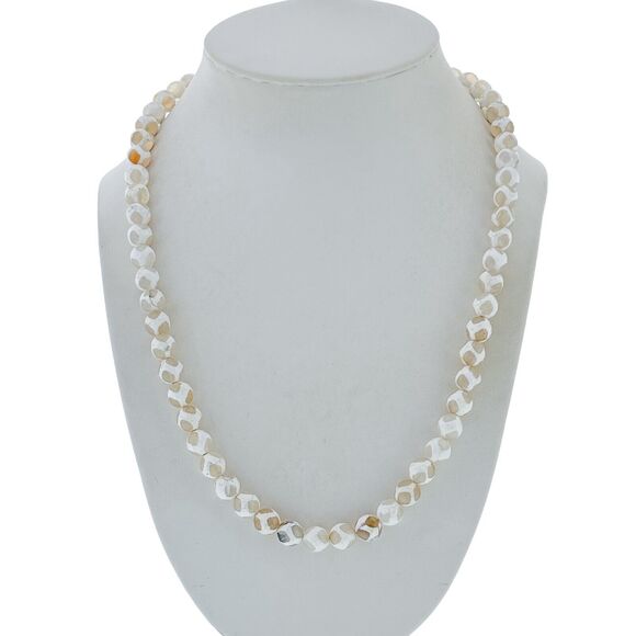 Sterling Silver 925 8mm Faceted White Patterned Agate Stone Bead Necklace 20.5" - Picture 1 of 5